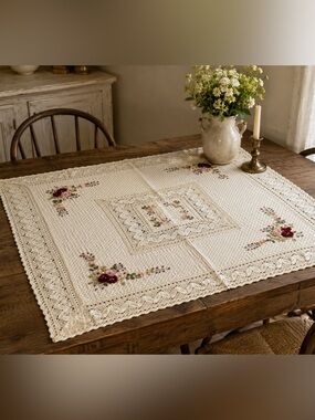 Handcrafted Cream Crochet Tablecloth with Floral Embroidery